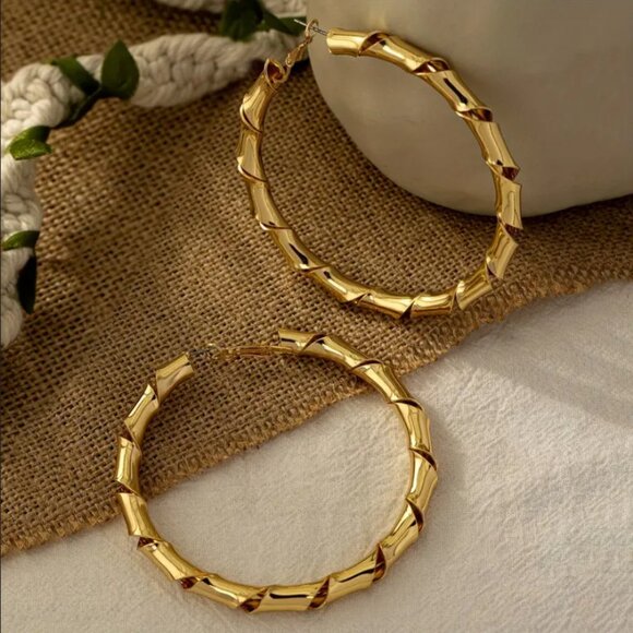 14K Gold Womens 3" Large Twisted Gold Bamboo Earrings 3 inch Ladies 14 K Jewelry - Picture 1 of 5